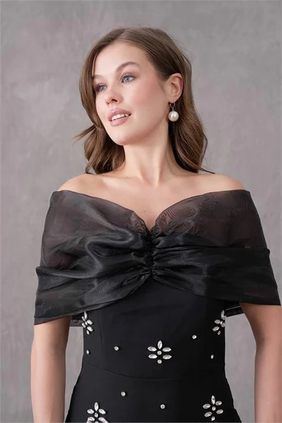 Dipmoda kadın siyah tül ve taş detaylı abiye elbise DPS9372 - Resim 4