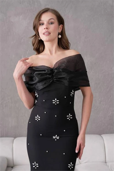 Dipmoda kadın siyah tül ve taş detaylı abiye elbise DPS9372 ürün görseli