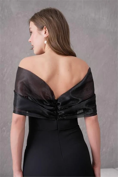 Dipmoda kadın siyah tül ve taş detaylı abiye elbise DPS9372 - Resim 6