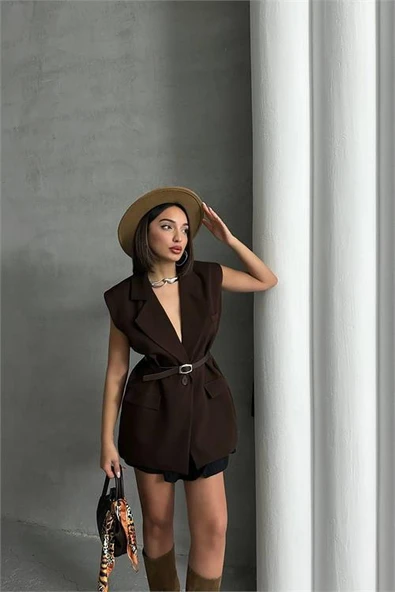 Dipmoda kadın salaş kemerli kolsuz blazer ceket DPG076 - 5