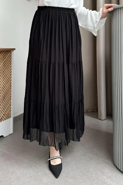 Pileli Beli Lastikli Şifon Etek Siyah - sif01