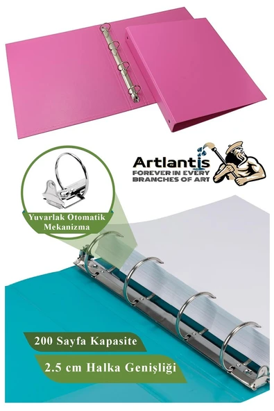 Pembe 4 Halkalı Klasör 2 Adet A4 PVC Öğrenci ve Ofis Tipi Evrak Sunum Klasörü İç Cepli Otomatik Mekanizmalı Büro - 2