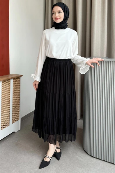 Pileli Beli Lastikli Şifon Etek Siyah - sif01 - 3