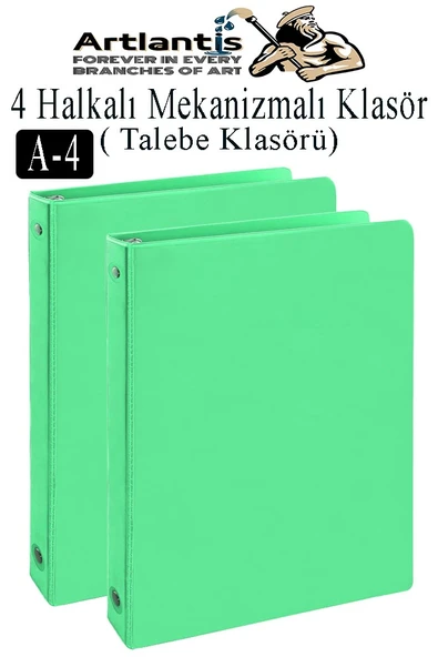 Açık Yeşil 4 Halkalı Klasör 2 Adet A4 PVC Öğrenci ve Ofis Tipi Evrak Sunum Klasörü İç Cepli Otomatik Mekanizmalı Büro