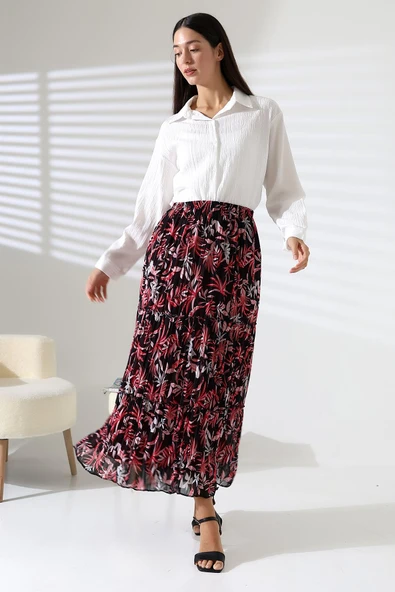 Pileli Beli Lastikli Şifon Etek Siyah - sif01 - 8