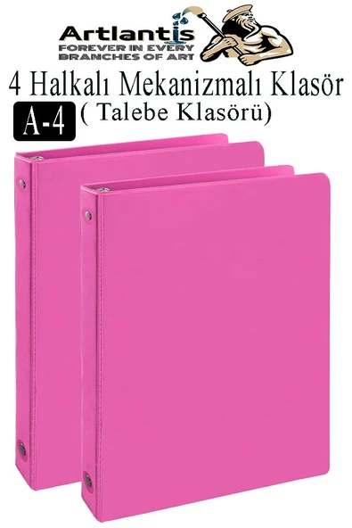 Pembe 4 Halkalı Klasör 2 Adet A4 PVC Öğrenci ve Ofis Tipi Evrak Sunum Klasörü İç Cepli Otomatik Mekanizmalı Büro
