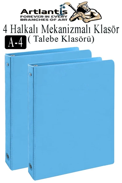 Açık Mavi 4 Halkalı Klasör 2 Adet A4 PVC Öğrenci ve Ofis Tipi Evrak Sunum Klasörü İç Cepli Otomatik Mekanizmalı Büro