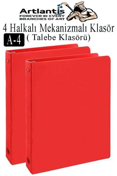 Kırmızı 4 Halkalı Klasör 2 Adet A4 PVC Öğrenci ve Ofis Tipi Evrak Sunum Klasörü İç Cepli Otomatik Mekanizmalı Büro Okul