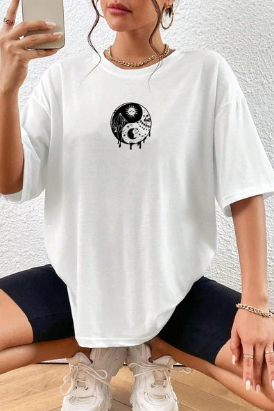 Unisex Yin & Yang Baskılı T-shirt - Resim 4