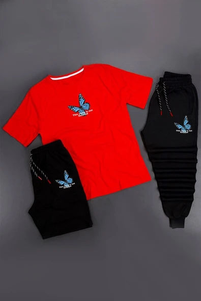 3'lü Unisex Kelebek Baskılı Eşofman Takımı Kombini