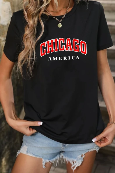 Unisex Chiago Baskılı T-shirt