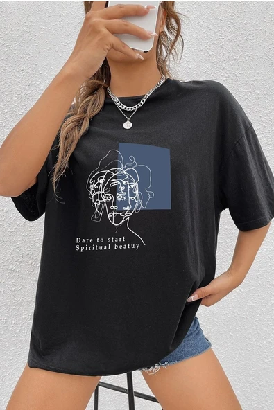 Unisex Minimal line drawing Baskılı T-shirt