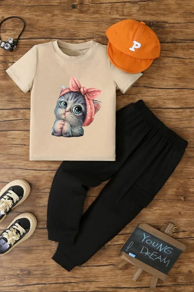 Çocuk Sevimli Kedi Alt - Üst Eşofman Takımı - Resim 5