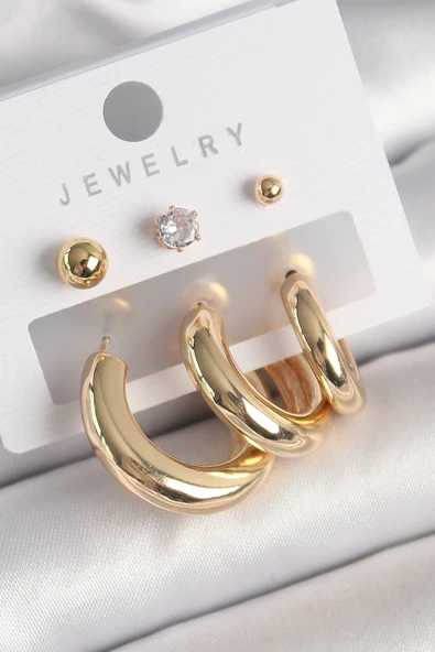 Pirinç Gold Renk Halka Model Zirkon Taşlı Topçuk Detay Kadın Küpe - TJ-BKP10306