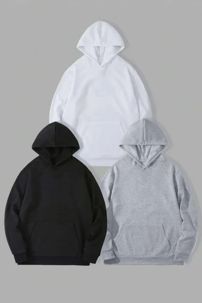 Unisex Düz 3' Lü Baskısız Kapüşonlu Oversize Sweatshirt