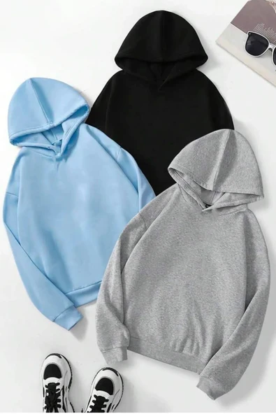 Unisex Düz 3' Lü Baskısız Kapüşonlu Oversize Sweatshirt - 3