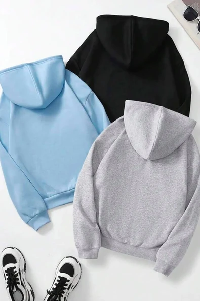 Unisex Düz 3' Lü Baskısız Kapüşonlu Oversize Sweatshirt - 4
