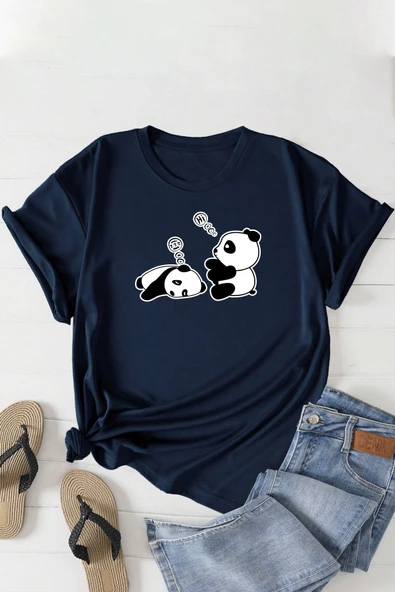 Unisex Uykucu Panda Baskılı Tasarım Tshirt - Resim 3