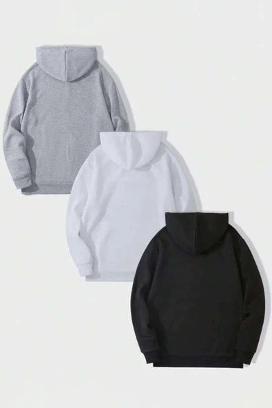 Unisex Düz 3' Lü Baskısız Kapüşonlu Oversize Sweatshirt - 2