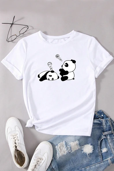 Unisex Uykucu Panda Baskılı Tasarım Tshirt - Resim 5