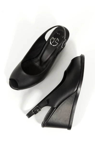 Feta Siyah Hakiki Deri Sandalet Dolgu Topuklu Ayakkabı - 3