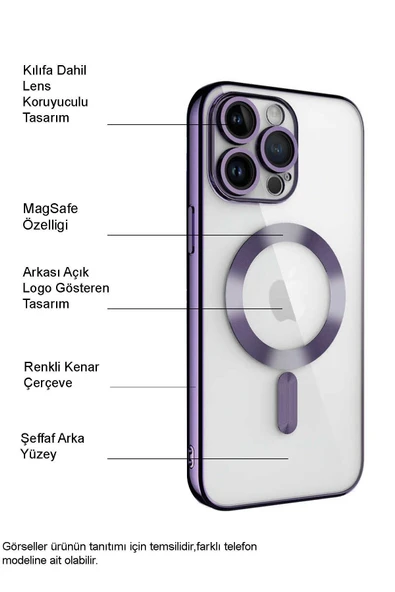 Apple Iphone 14 Plus Mag Safe Özellikli Lens Korumalı Logo Gösteren Şeffaf Silikon Kılıf - Mavi - Resim 2