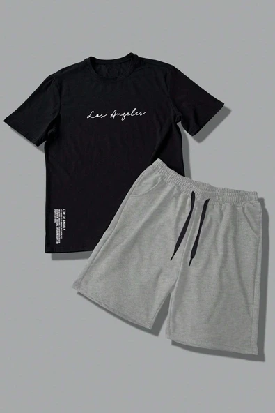 Unisex Los Angles Detay Baskılı Şort Takım - Resim 2