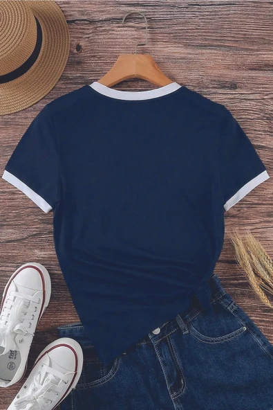 Unisex Lacivert Penye İnterlok Tişört - Resim 5