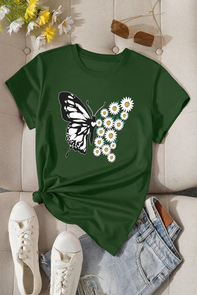 Pamuklu Papatya Kelebek Tasarım Tshirt - 9