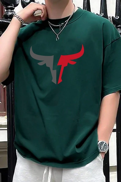Erkek Boğa Silüet Baskılı Oversize Tshirt - 7