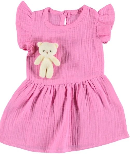 Ayıcıklı Müslin Kız Bebek Elbise | 9-24 Ay Bebek Elbisesi | Pamuklu Bebek Giyim