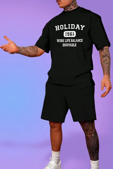 Unisex Holiday Baskılı Şort Takım - Resim 4