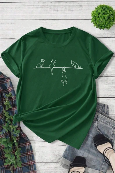 Unisex Kedi Baskılı Oversize Tshirt - 9