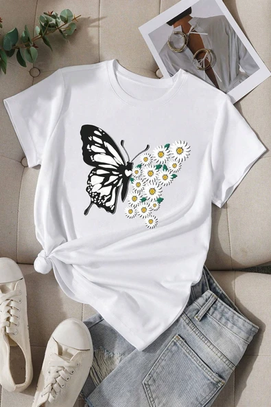 Pamuklu Papatya Kelebek Tasarım Tshirt - 7