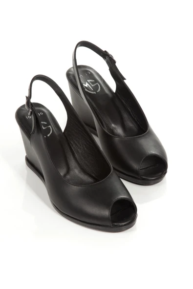 Feta Siyah Hakiki Deri Sandalet Dolgu Topuklu Ayakkabı - 4