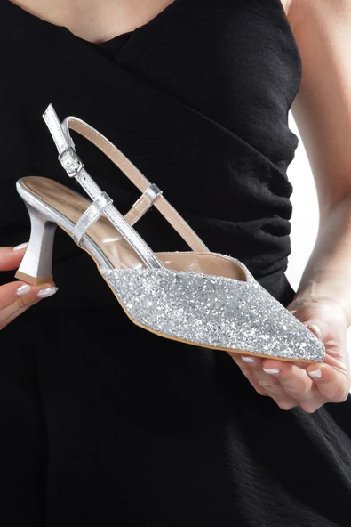 Paris S Gümüş Cam Kırığı Abiye Ayakkabı Kısa Topuklu Stiletto