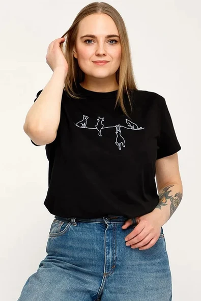 Unisex Kedi Baskılı Oversize Tshirt - 6