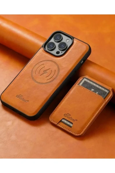 Iphone 15 Pro  Uyumlu Lens Hediyeli Standlı Cüzdanlı Deri Magsafe Kılıf