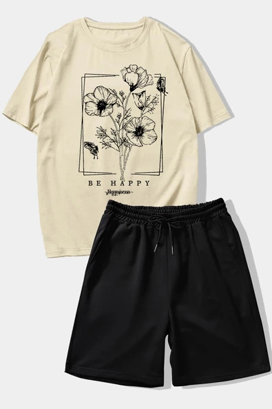 Unisex Be Happy Baskılı Şort Takım - Resim 3