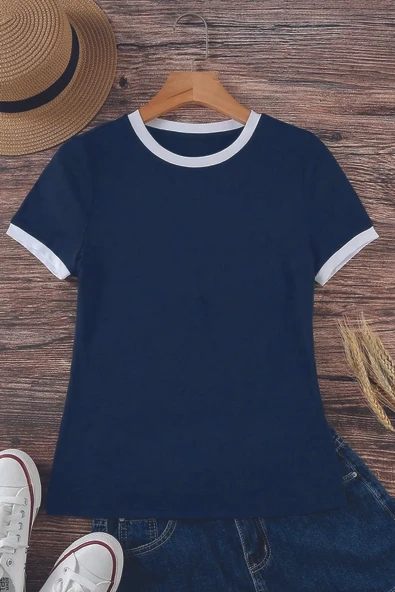 Unisex Lacivert Penye İnterlok Tişört - Resim 4