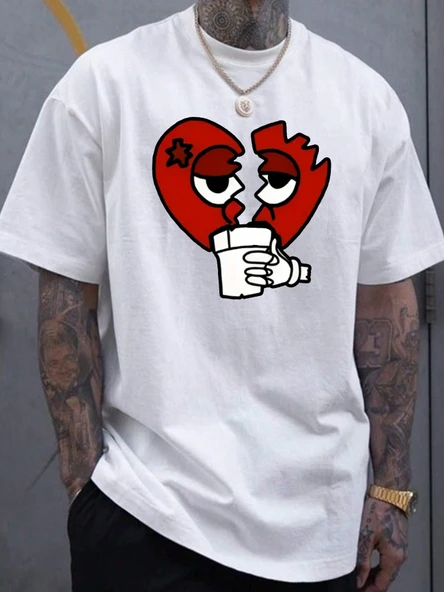 Unisex Kırık Kalp bardak Baskılı Oversize Tshirt - 4