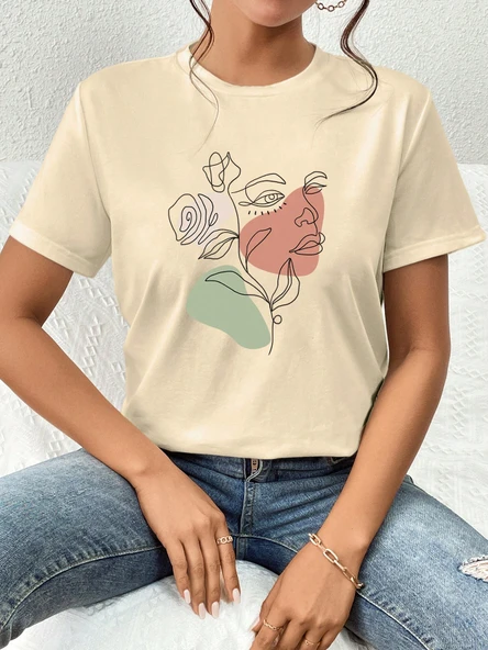 Portrait & Flower Baskılı Oversize Tshirt - Resim 6