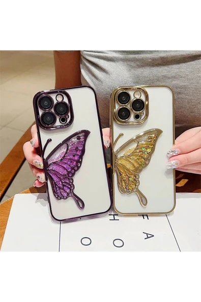 İphone 15 Pro Max Uyumlu kelebek desenli içi simli sulu şık kılıf kapak kamera kısmı kapalı - 2