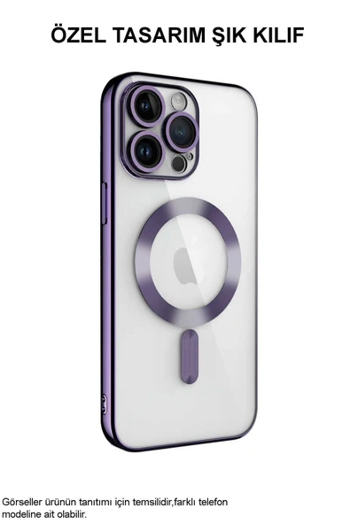 Apple Iphone 12 Pro Max Mag Safe Özellikli Lens Korumalı Logo Gösteren Şeffaf Silikon Kılıf - Lila - 4