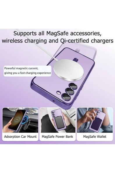 Galaxy S23fe Kılıf Magsafe Kablosuz Şarj Destek Lens Korumalı Metalik Kenar Renkli Şeffaf - 4