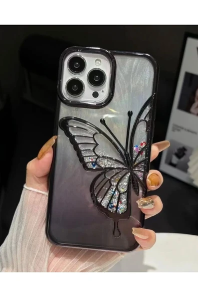 Iphone 15 Pro Uyumlu Sulu Simli Kelebek Kılıf