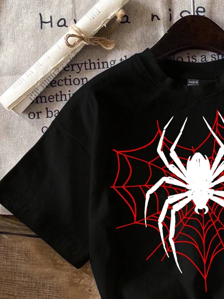 Unisex ÖRÜMCEK AĞLI Baskılı Oversize Tshirt - Resim 5