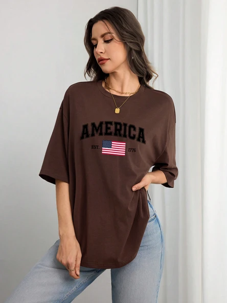 Unisex AMERICA Baskılı Baskılı Tasarım Tshirt - 7