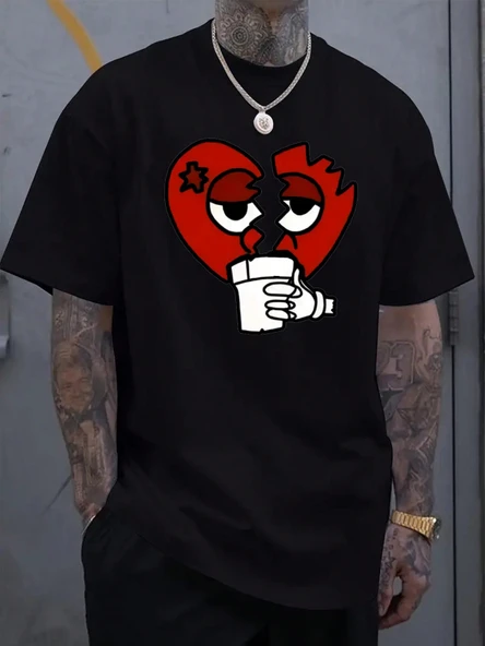 Unisex Kırık Kalp bardak Baskılı Oversize Tshirt - 8