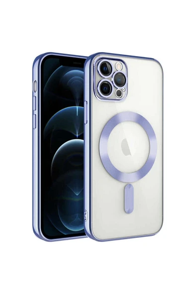 Apple Iphone 12 Pro Max Mag Safe Özellikli Lens Korumalı Logo Gösteren Şeffaf Silikon Kılıf - Lila